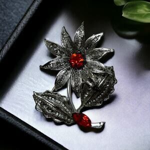 Delicate Elegant Filigree Red Orange Rhinestone Silver Tone Flower,  Brooch Pin